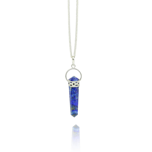 SODALITE DOUBLE TERMINATED PENCIL PENDANT WITH LINK CHAIN
