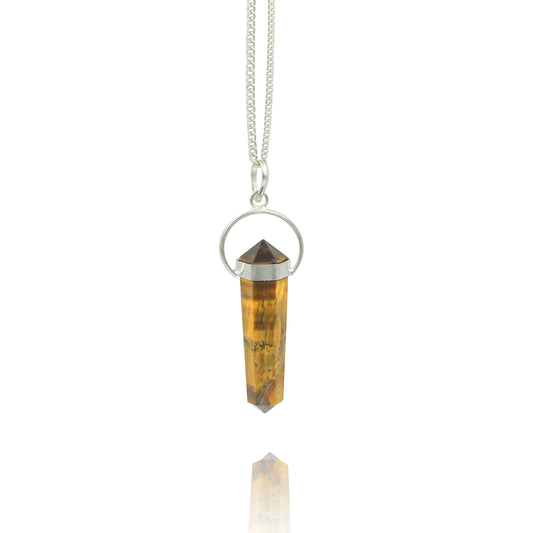 TIGER EYE DOUBLE TERMINATED PENCIL PENDANT WITH LINK CHAIN